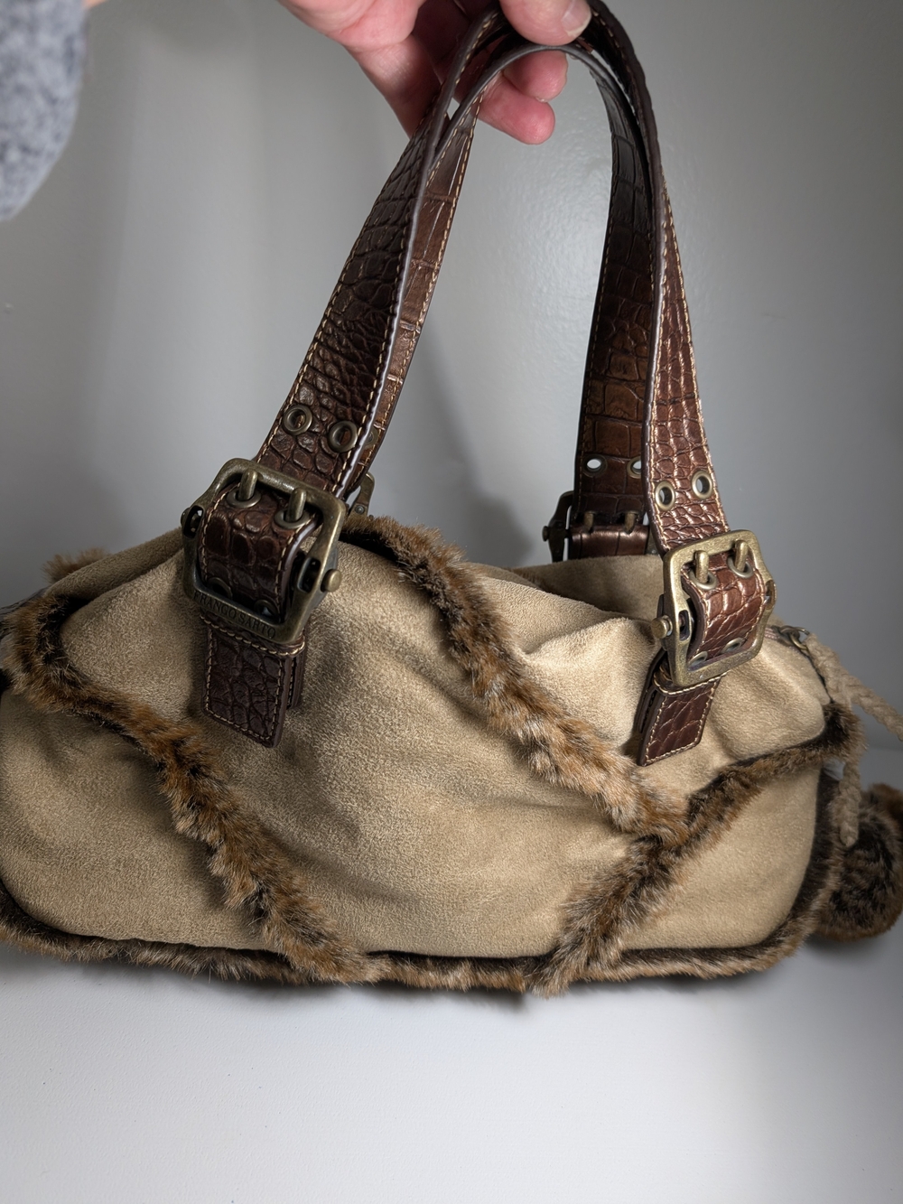 Franco Sarto Beige Suede Shoulder Bag Brown Faux Fur Croc Emboss Strap & Bottom - Picture 2 of 10